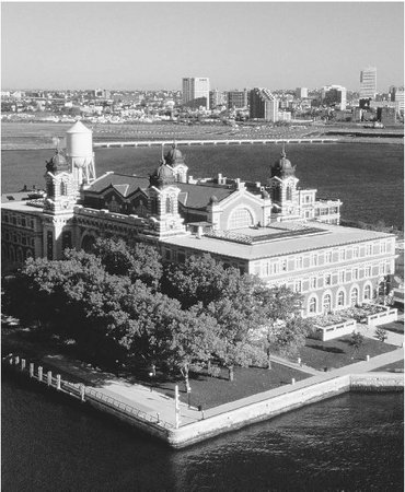Ellis Island National Monument stands off the shores of Jersey City, New Jersey.