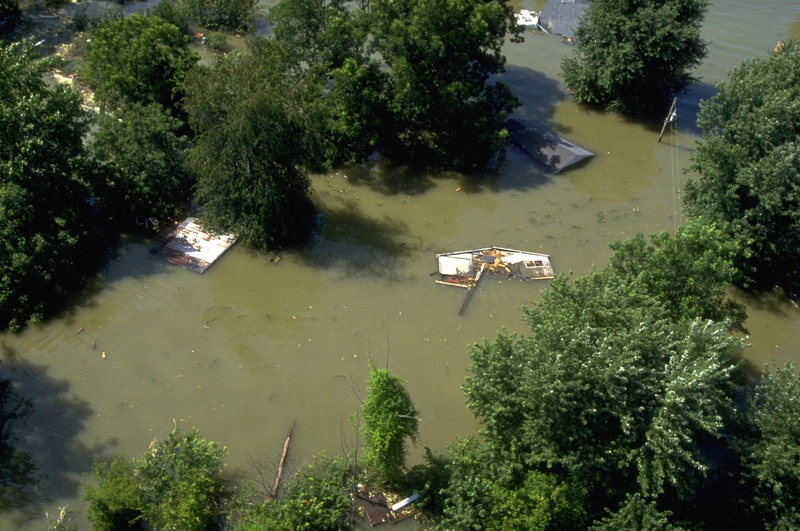 An aerial view of floodwaters showing the extent of the damage wreaked...