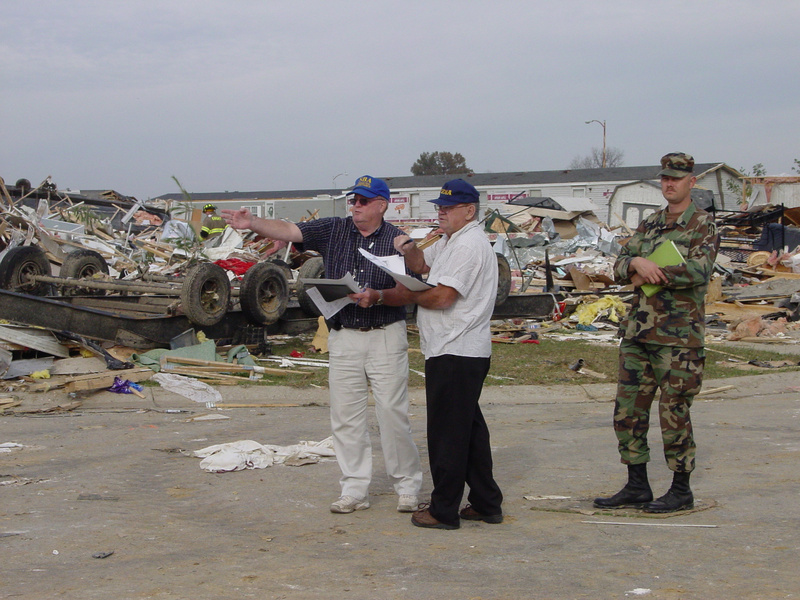 Disaster recovery workers assess the damage to the Eastbrook Mobile Home...