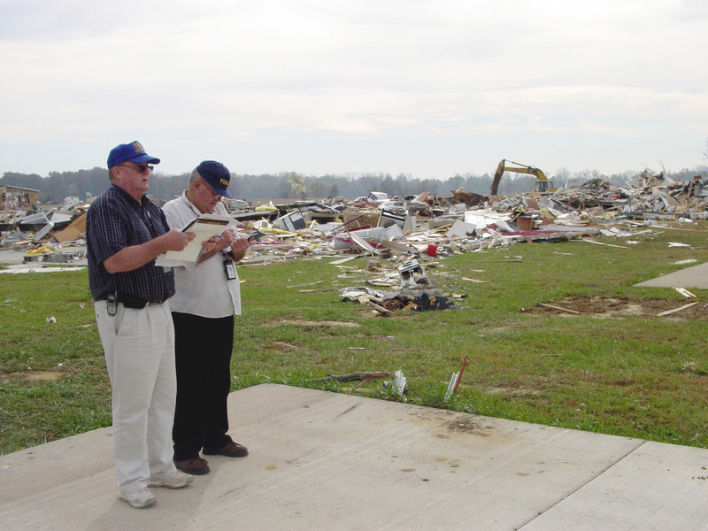 Disaster recovery workers assess the damage to the Eastbrook Mobile Home...
