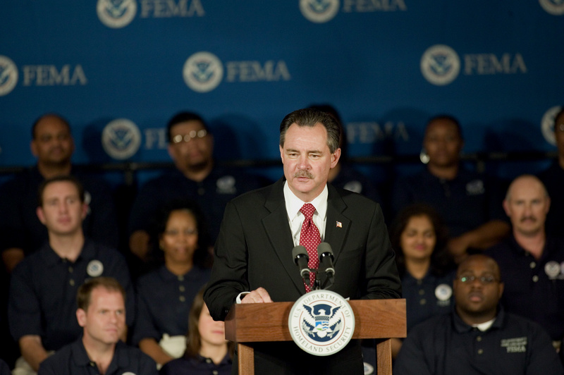 Washington: The new Director of FEMA, David Paulison, addresses employees...