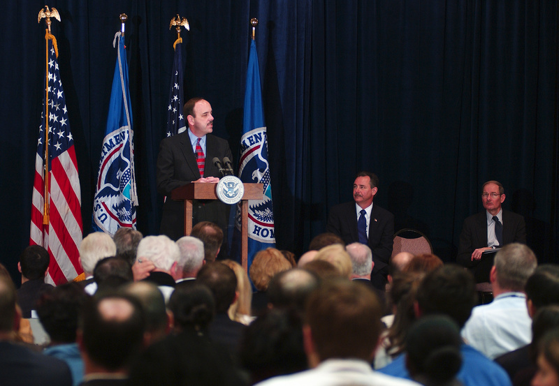 Washington: Under Secretary George Foresman at the podium during a FEMA...