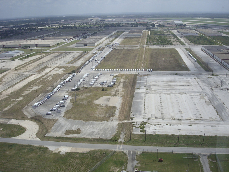 Aerial of roughly 300 ambulances staged at Kelly USA, in San Antonio,...