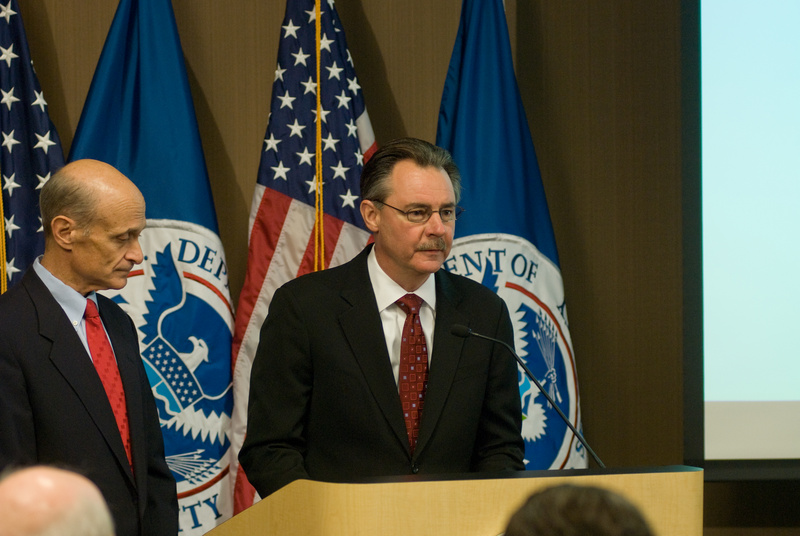 Arlington: Secretary Chertoff (left) listens as FEMA Administrator David...