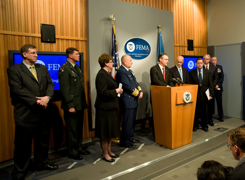 Washington: FEMA Administrator Paulison at the podium during a press conference...