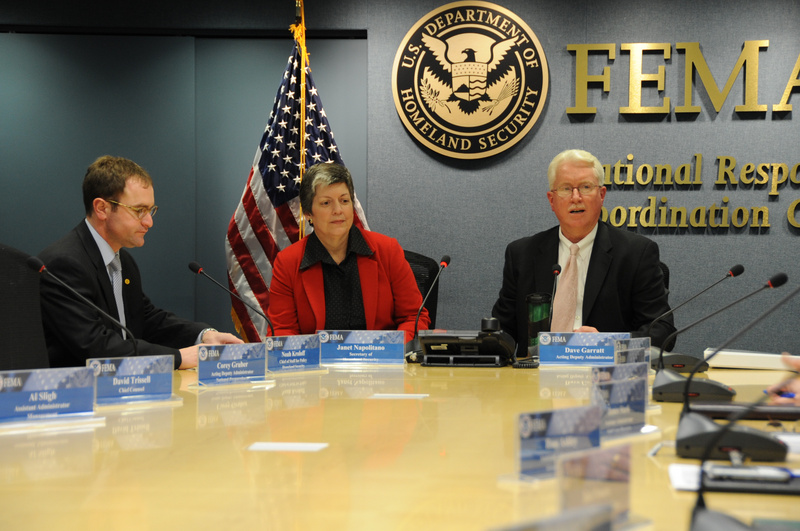 Washington: DHS Secretary Janet Napolitano (c) visits FEMA Headquarters...