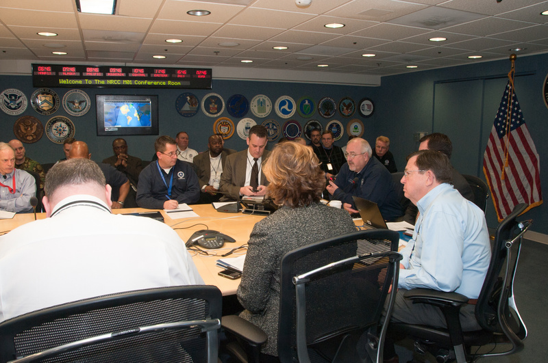 Washington: FEMA Administrator Craig Fugate (center right) discusses the...