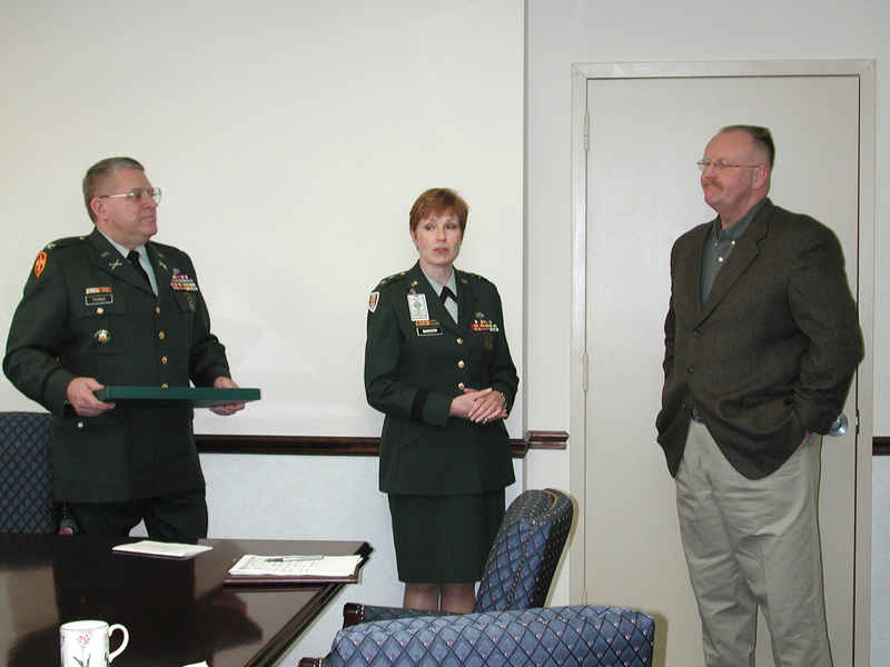 Washington: Major General Barbish presents a plaque to FEMA Director Allbaugh...