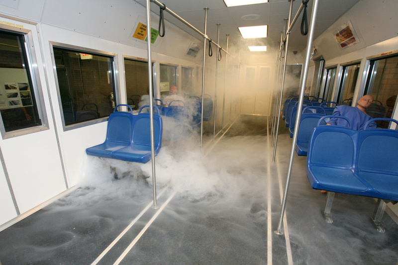 Anniston: Smoke fills the room in a rail car during a simulated subway...
