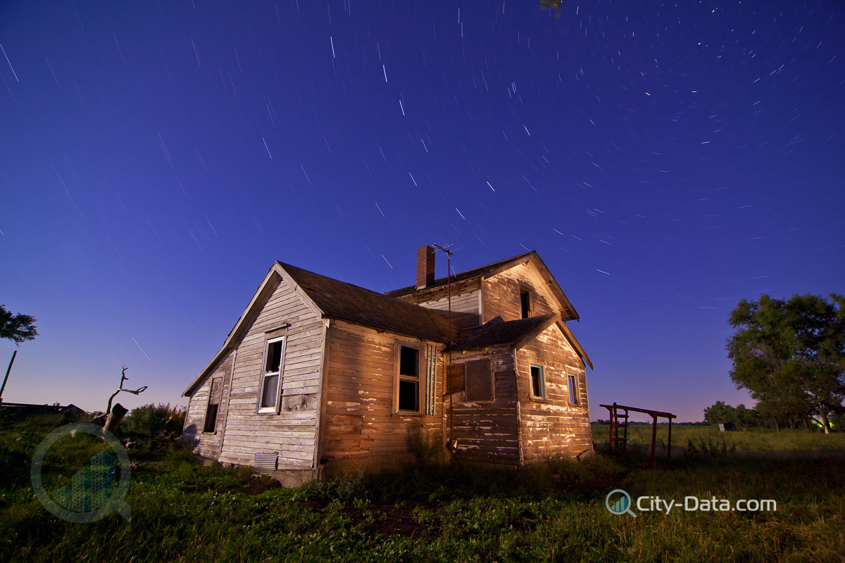 Abandoned farmhouse at night