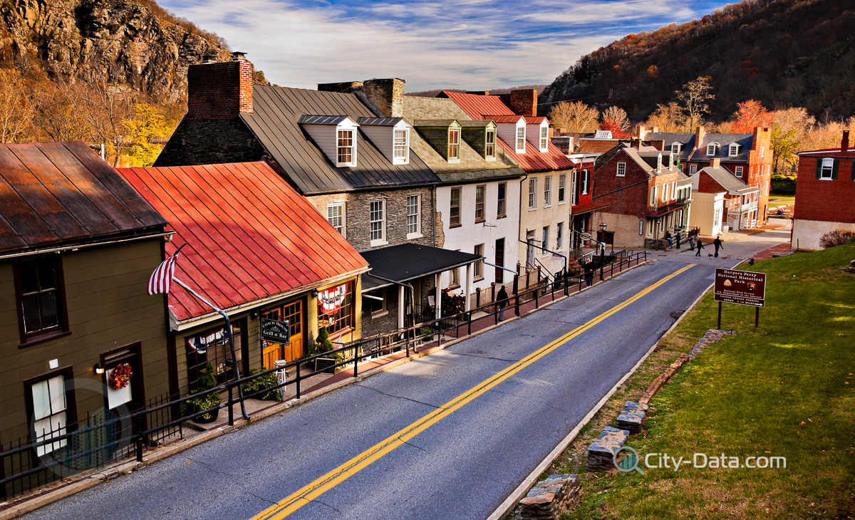 Buildings and shops on high street in harper's ferry