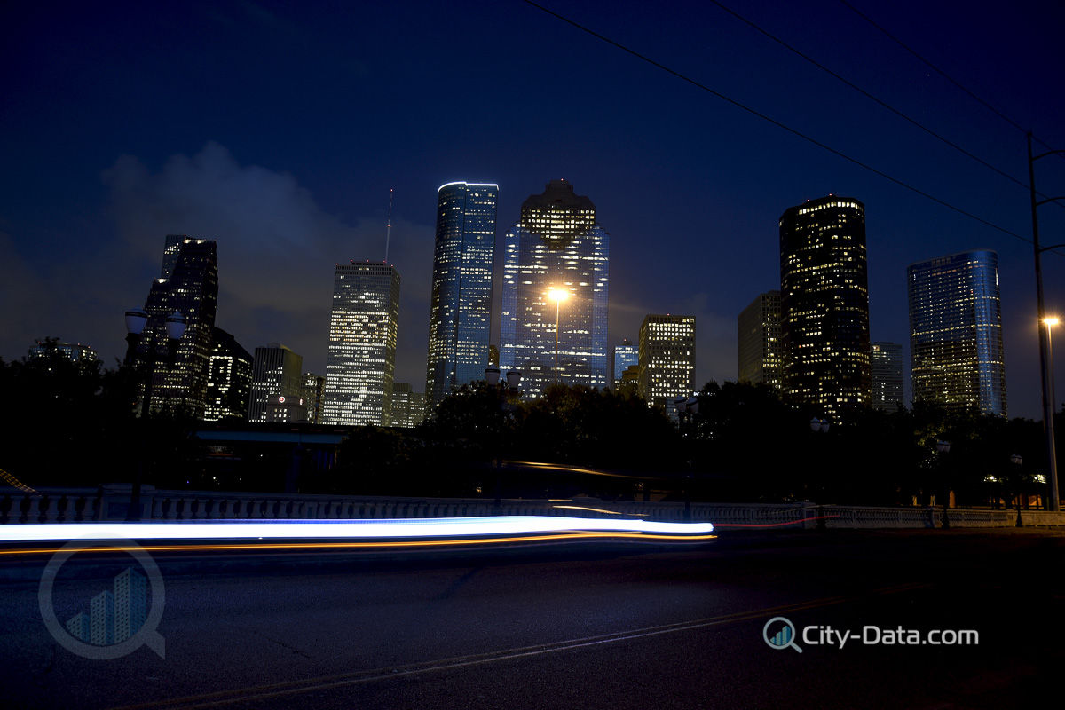 Downtown houston at night with moving traffic